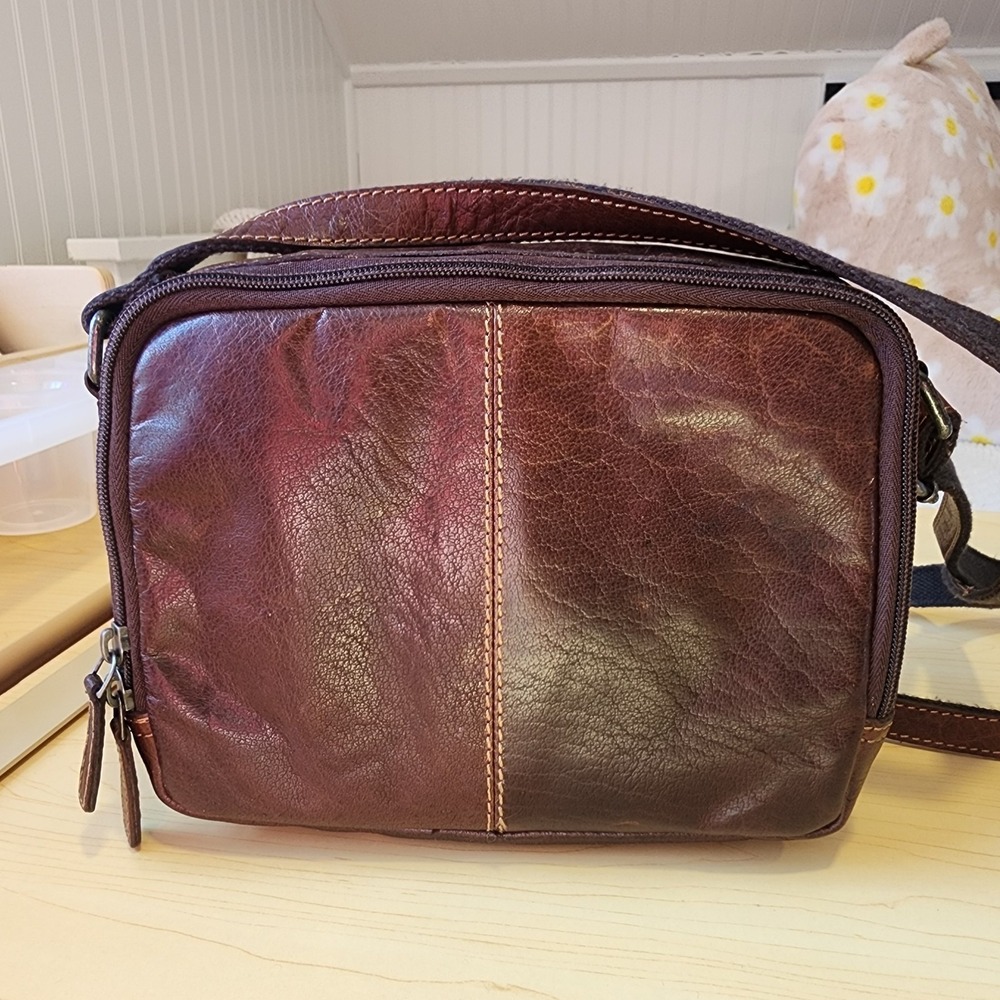 Jack Georges American Voyager Double Zippered Crossbody Brown Leather Bag  EUC - Picture 4 of 10
